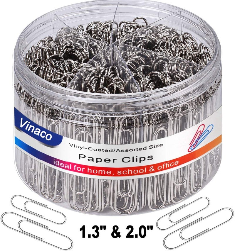 Vinaco Paper Clips Smooth Silver, Medium and Jumbo Paper Clip (1.3 inch & 2.0 inch), Durable and Rustproof, Coated Paper Clips Great for Office School and Personal Use - Image 1